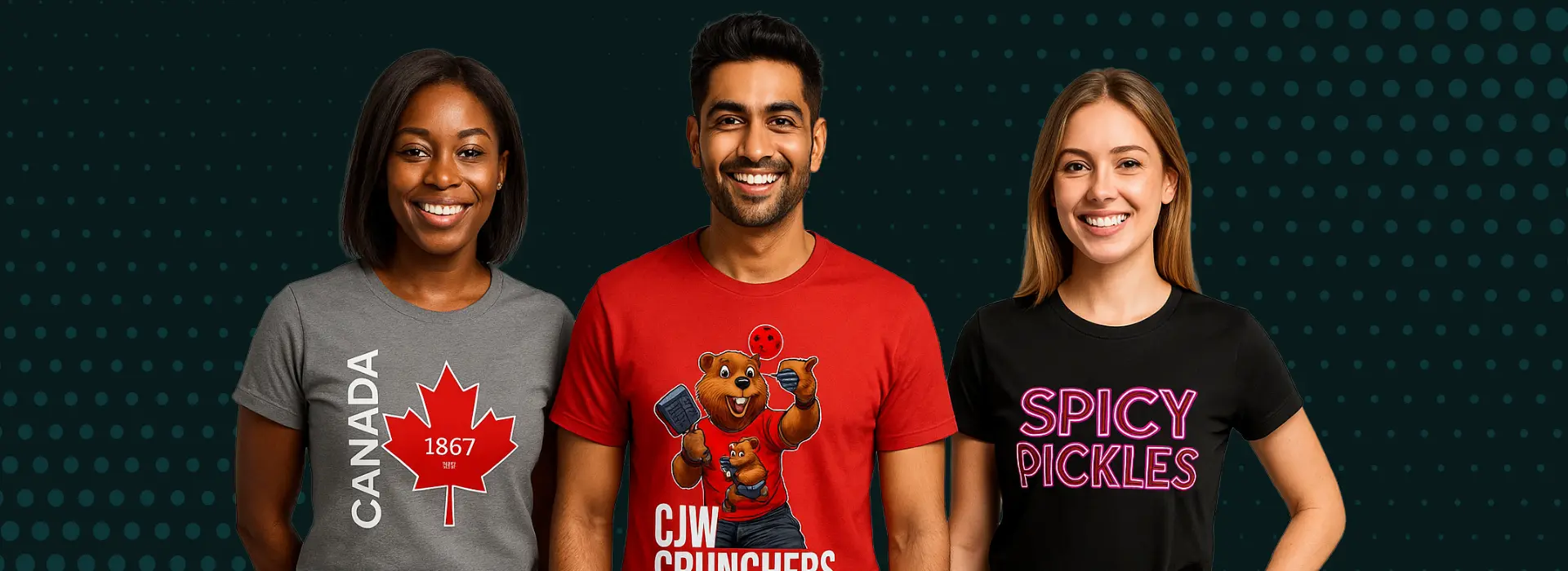 Group of happy people wearing custom T-shirts